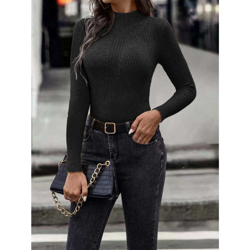 Mock Neck Ribbed Knit Sweater minimalist black - Picture 1 of 11